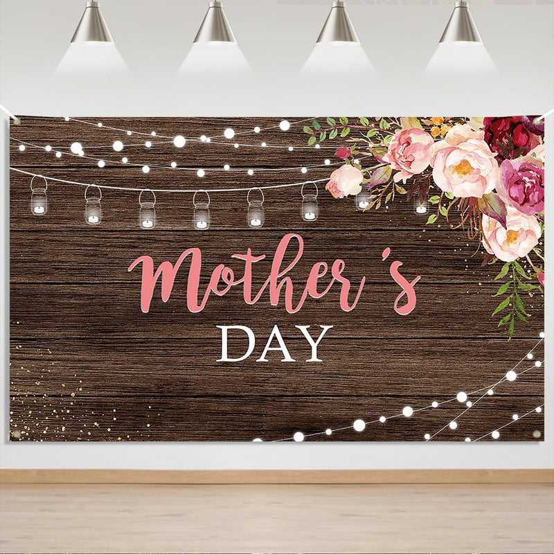 Mocsicka Mother's Day Backdrop Banner Thanks Mother Mom's Day Party Banner Rustic Wood Floral Mother's Day Background Mother's Gift Wall Decoration Banner - Image 1